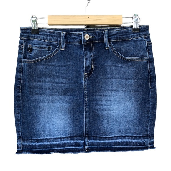 KanCan Stretchy Cotton Distressed Raw Hem Medium Wash Mini Jean Skirt 9/28 - Picture 1 of 13